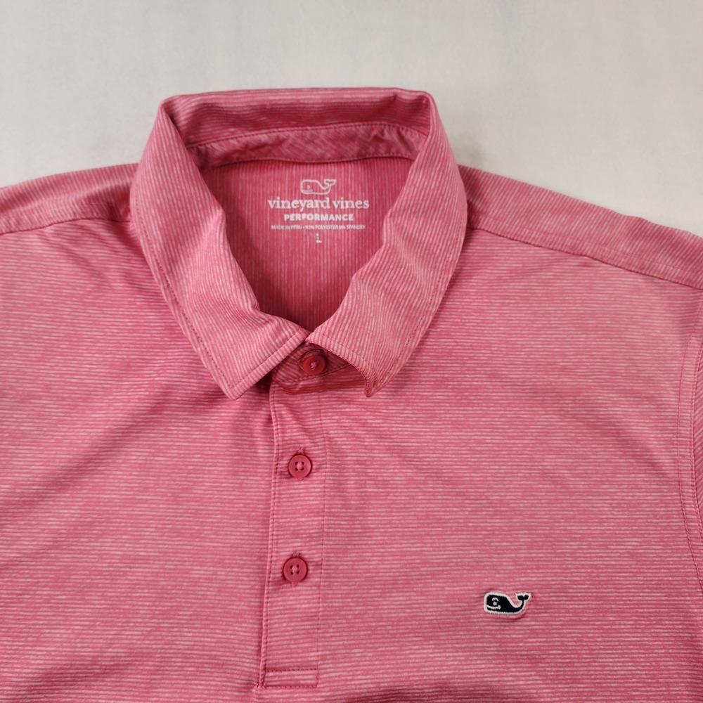 Vineyard Vines Performance Polo Mens Large Pink Striped Short Sleeve Whale Logo